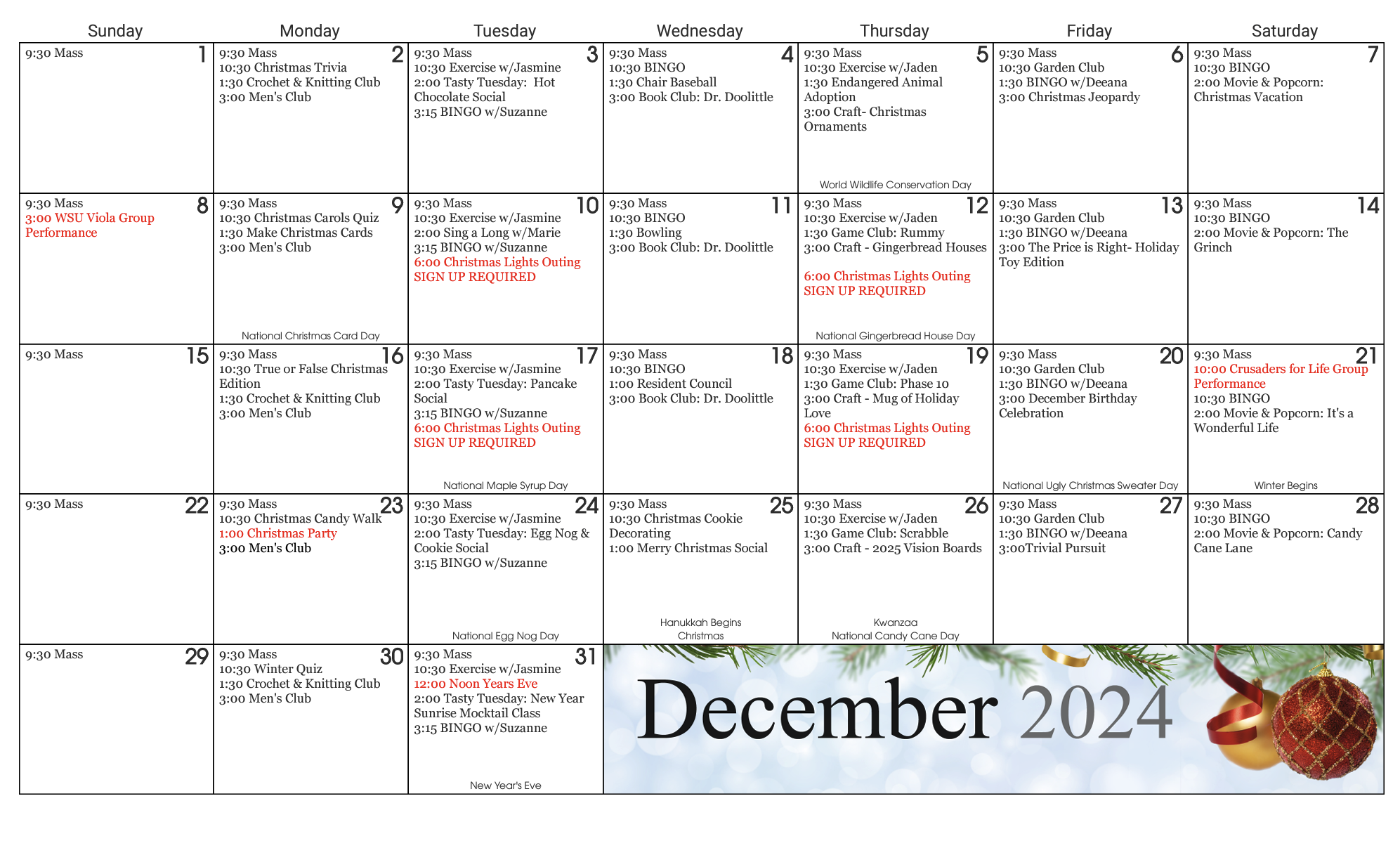 Calendar for Long Term Care Calendar